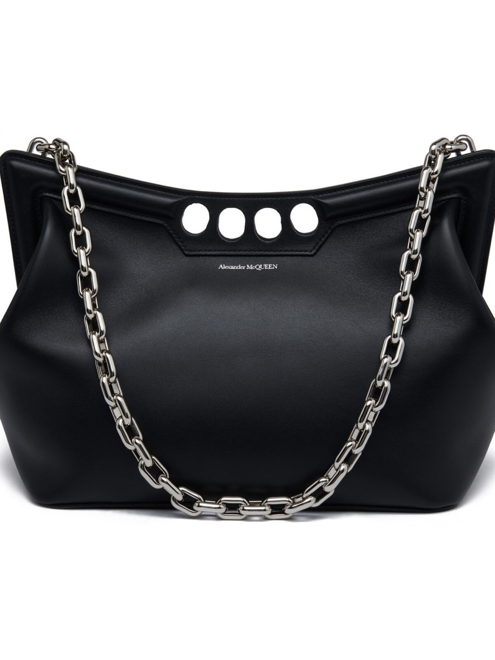 Alexander McQueen Black Leather Shoulder Bag with Silver Chain